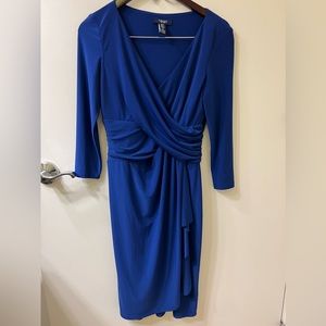 CHAPS  Blue‎ Sheath FAUX WRAP Dress V-Neck 3/4 Sleeve FLATTERING STRETCH
